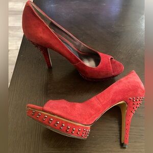 Nine West Red Peep-Toe Heels with Studded Detail